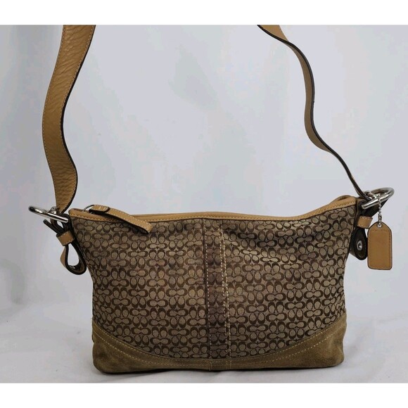 Coach Signature C Jacquard Suede Hobo Shoulder Bag Purse Tan Brown F10945 - Picture 14 of 16